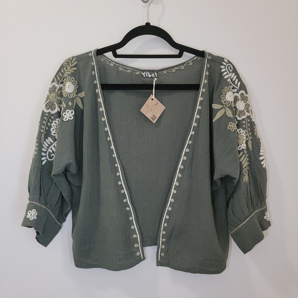 Yibel‎ NWT Artisan Handmade Embroidered 3/4 Sleeve Cardigan